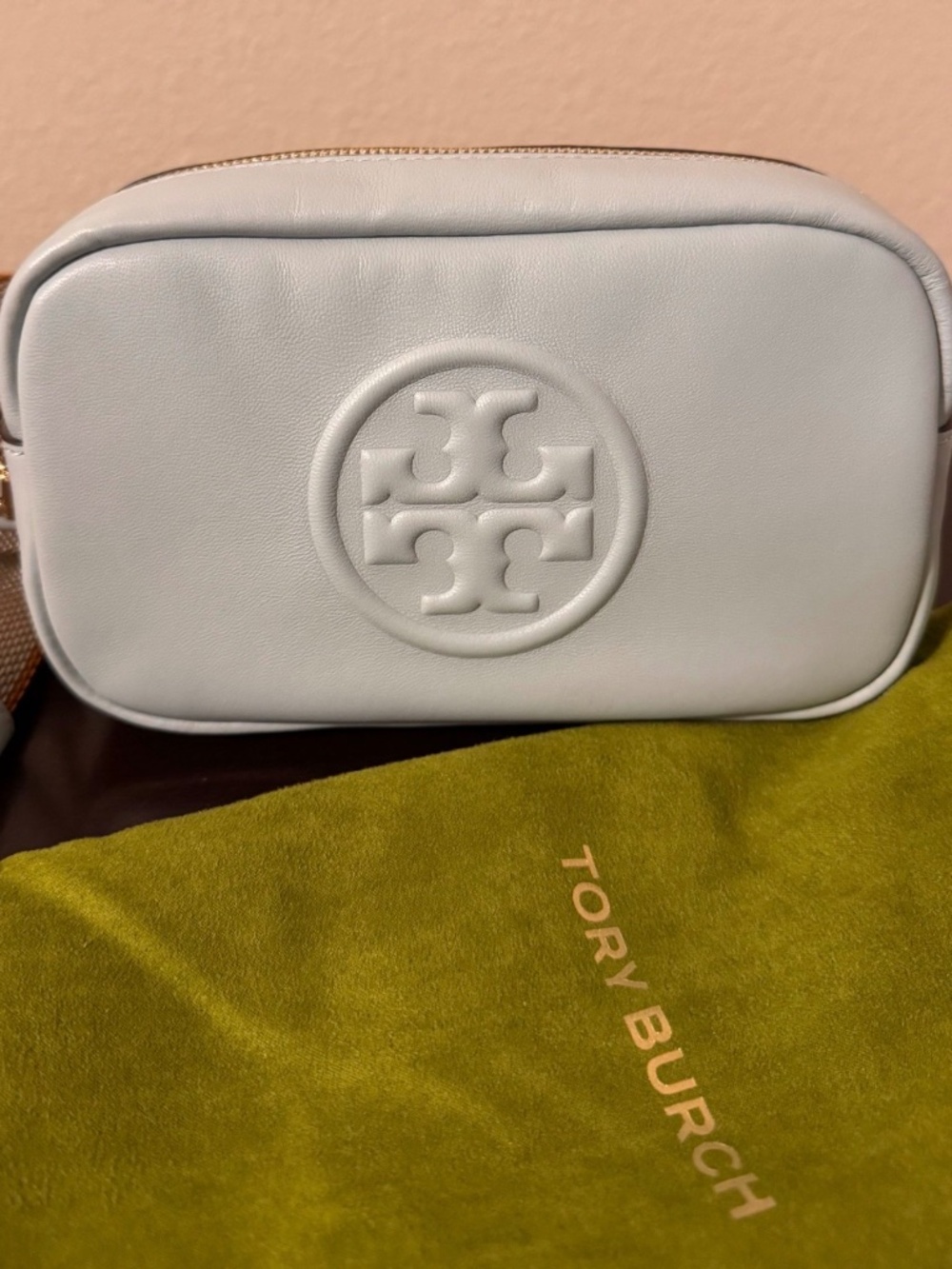 Tory Burch Perry Bombe Camera Bag Blue Leather Crossbody Worn Once
